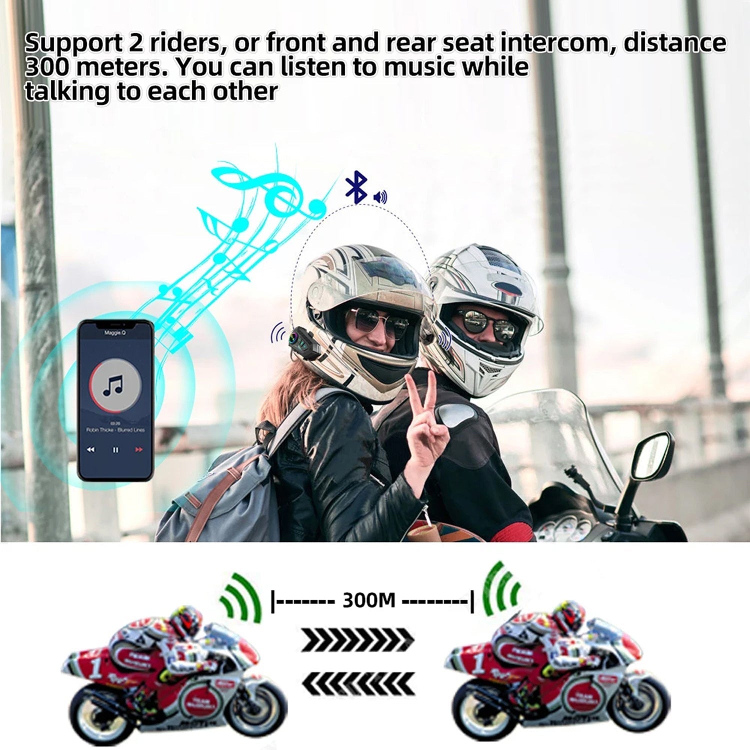 VoxiRide Helmet Bluetooth 5.3 Intercom - IPX6 Waterproof Motorbike Headset with 2000mAh Battery, Hands-free Calls & Music for All Motorcycle Helmets