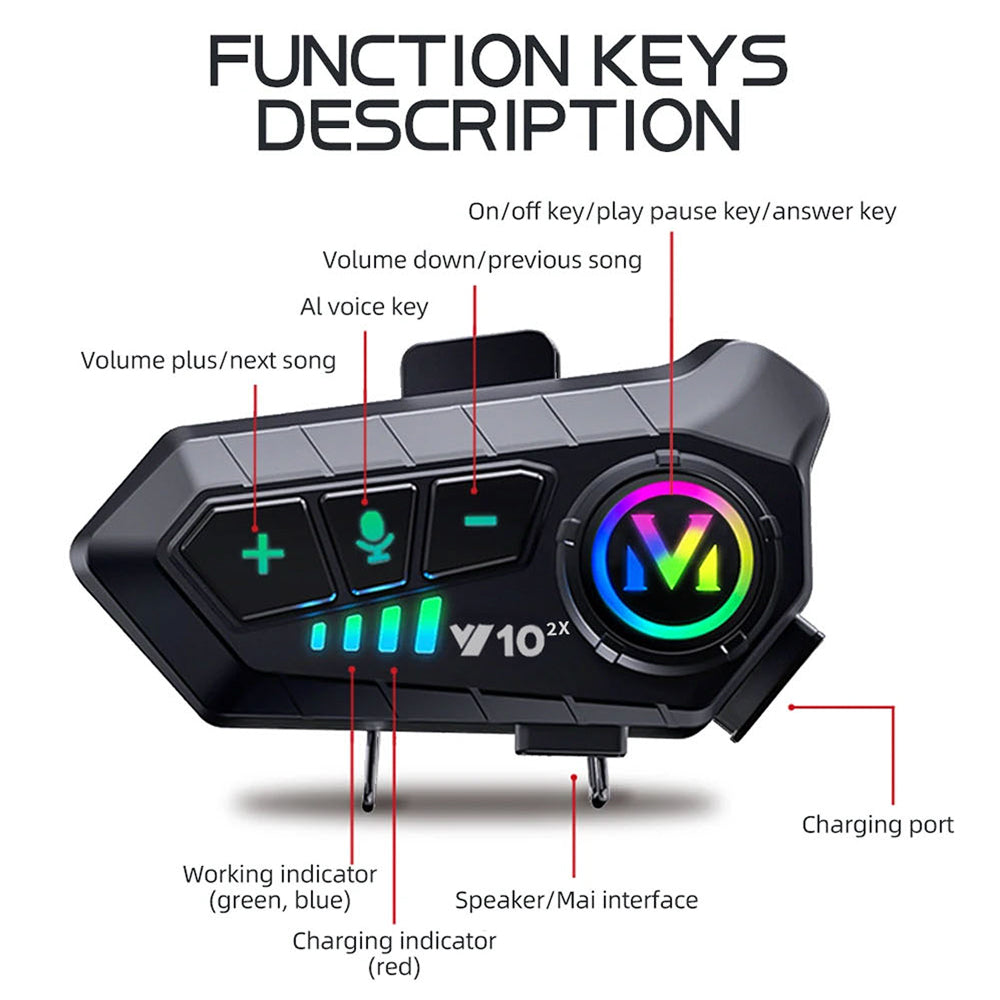 VoxiRide Helmet Bluetooth 5.3 Intercom - IPX6 Waterproof Motorbike Headset with 2000mAh Battery, Hands-free Calls & Music for All Motorcycle Helmets