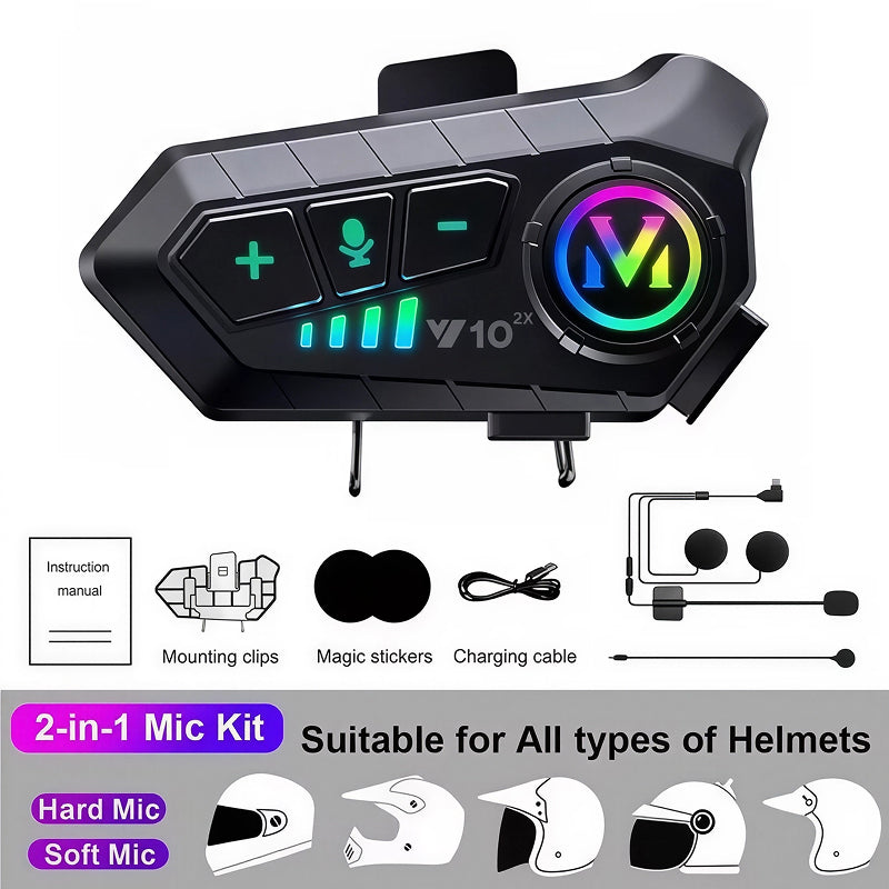 VoxiRide Helmet Bluetooth 5.3 Intercom - IPX6 Waterproof Motorbike Headset with 2000mAh Battery, Hands-free Calls & Music for All Motorcycle Helmets