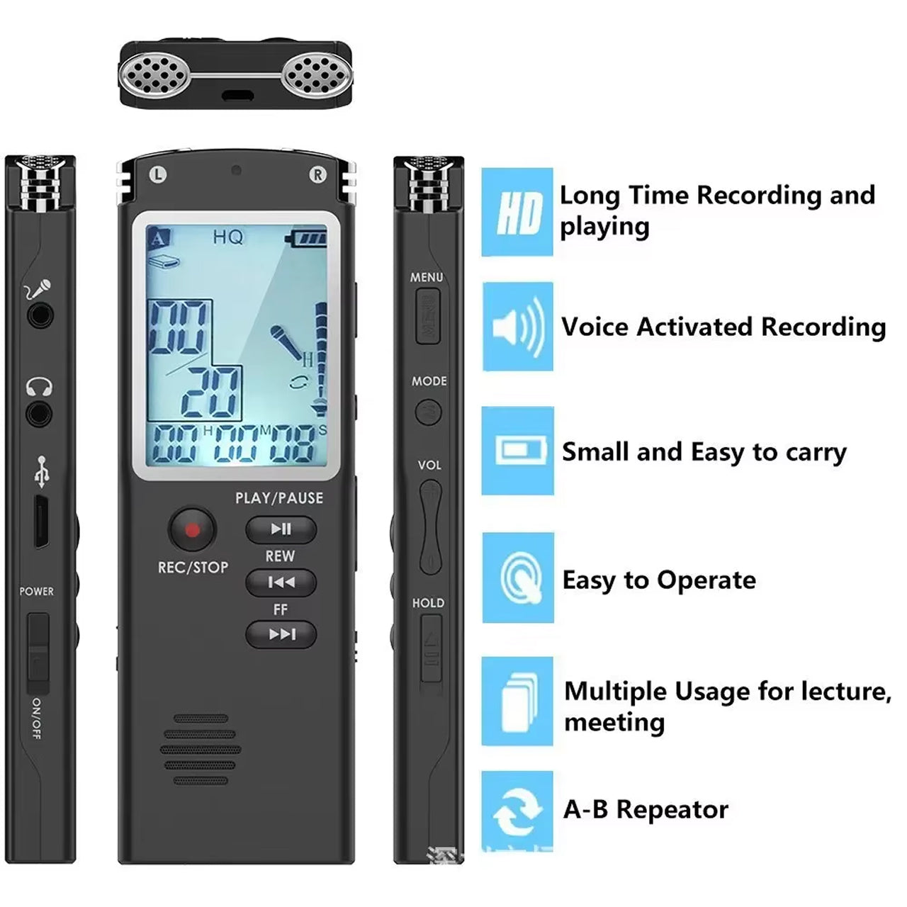 Voximex 64GB Digital Voice Recorder – 1536kbps HD Audio, Voice Activated & One-Touch Recording