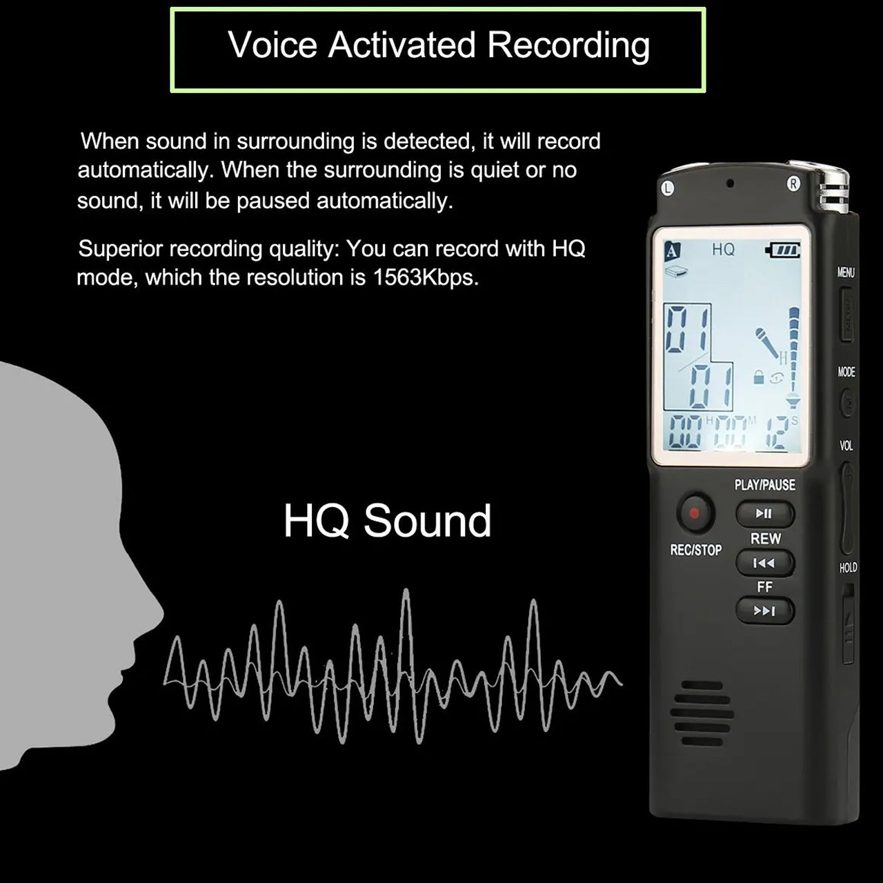Voximex 64GB Digital Voice Recorder – 1536kbps HD Audio, Voice Activated & One-Touch Recording