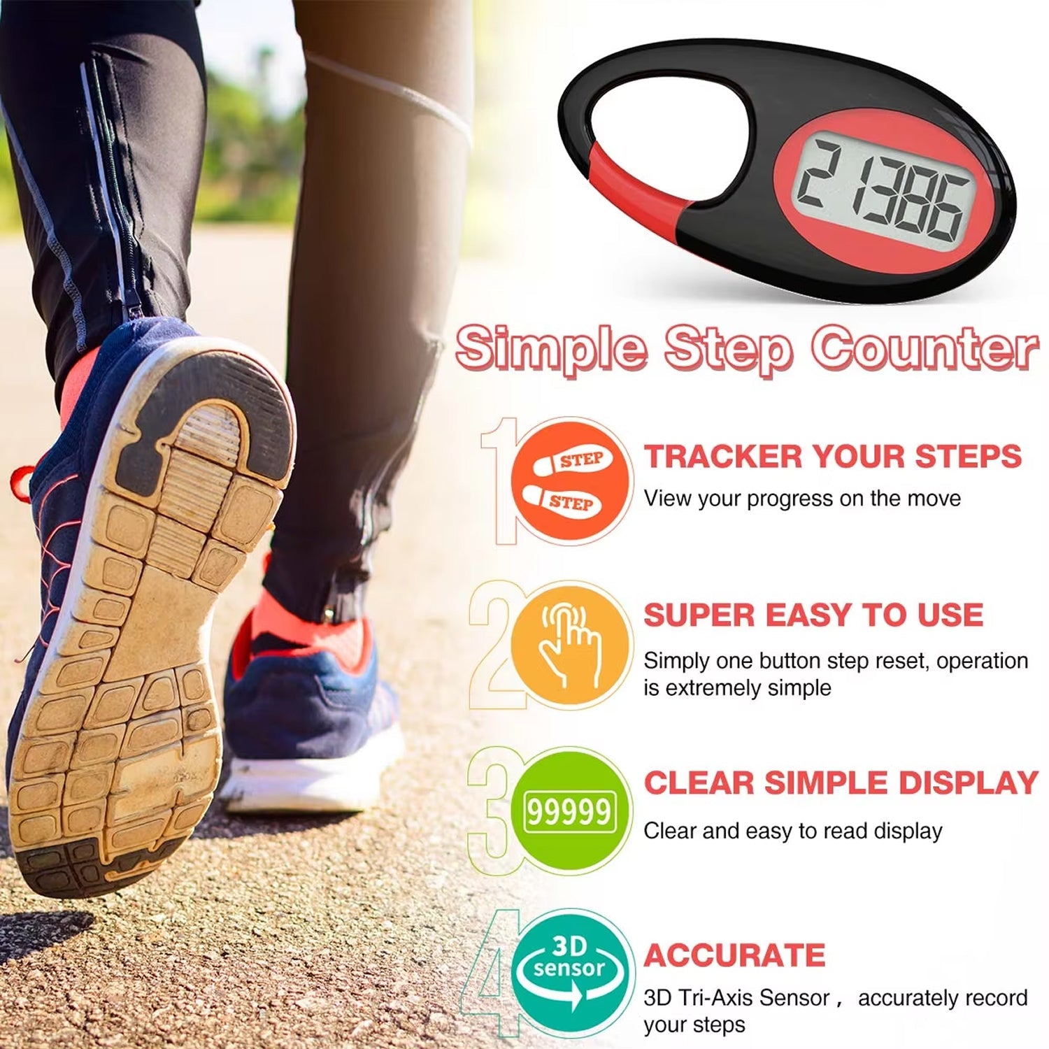WakoWise 3D Pedometer for Walking - Accurate Step Counter - No App or Bluetooth Required - 1 Year Battery Life - Large Digital Display