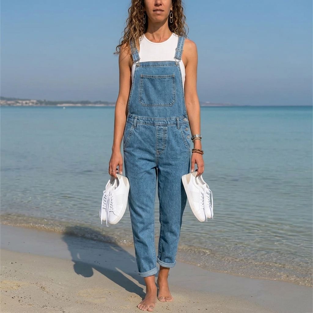 Women's  Denim Jumpsuit with Bib Pockets & Adjustable Straps | Tapered