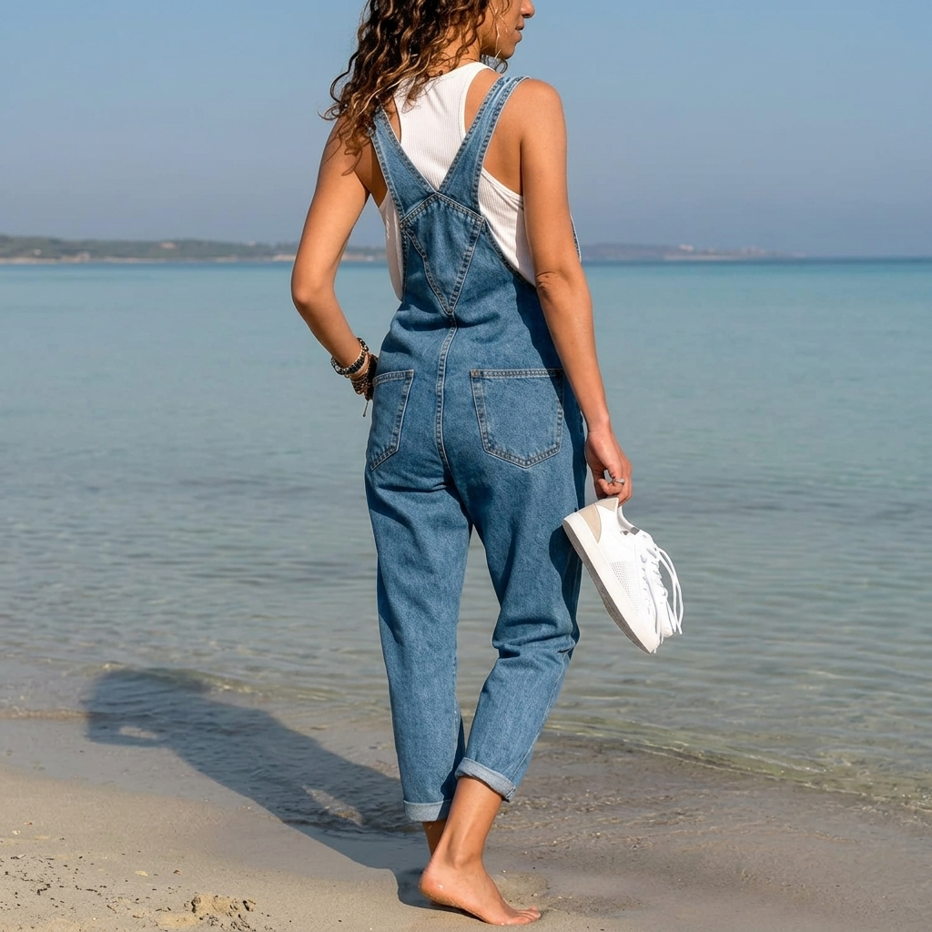 Women's  Denim Jumpsuit with Bib Pockets & Adjustable Straps | Tapered