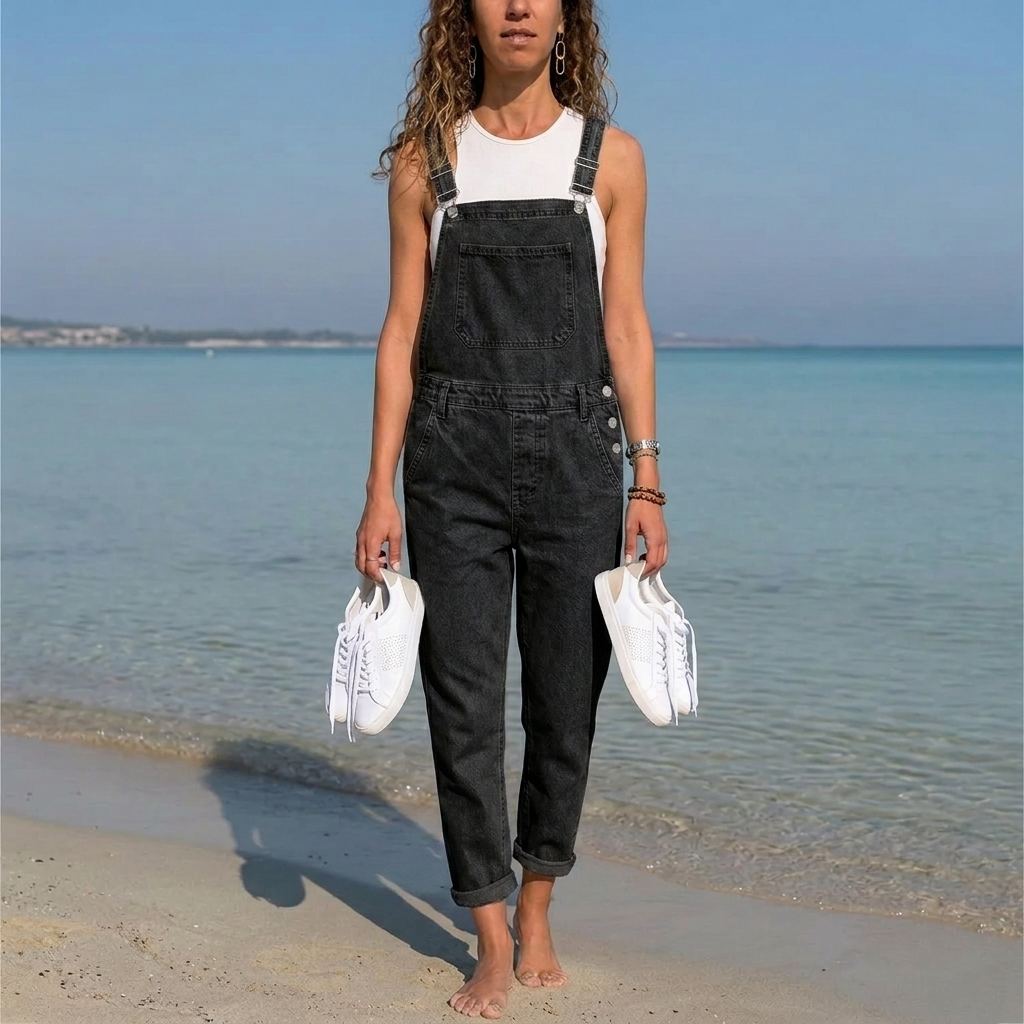 Women's  Denim Jumpsuit with Bib Pockets & Adjustable Straps | Tapered