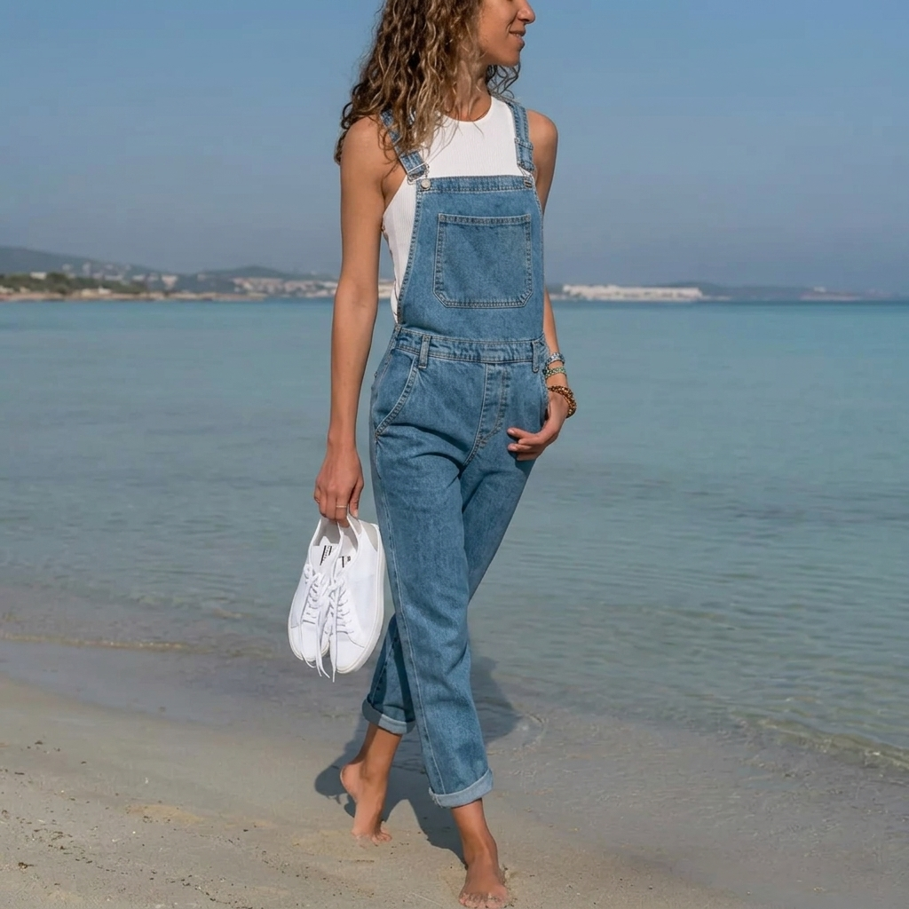 Women's  Denim Jumpsuit with Bib Pockets & Adjustable Straps | Tapered