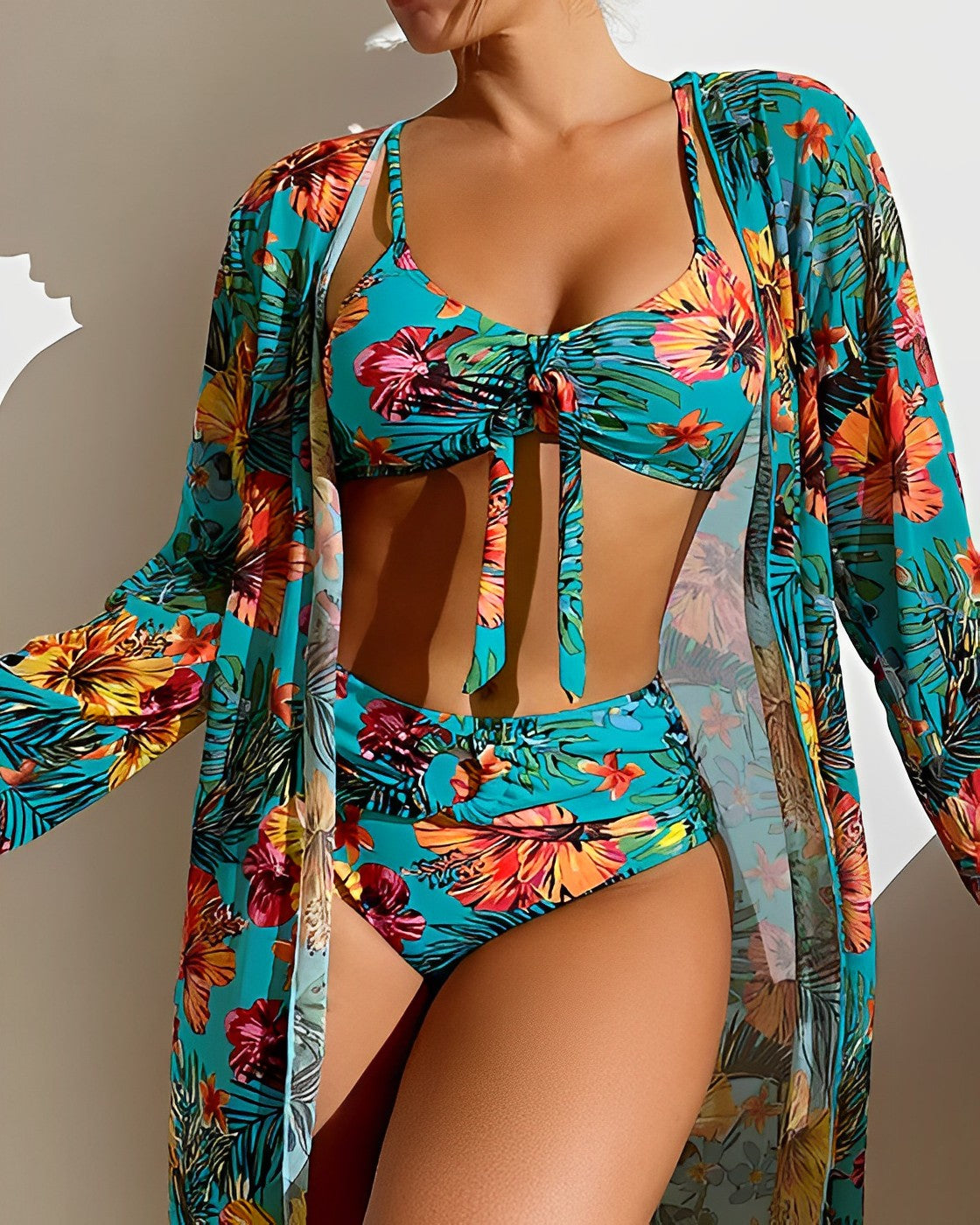 Women's Tropical Print Bikini Set with Matching Cover-Up Skirt