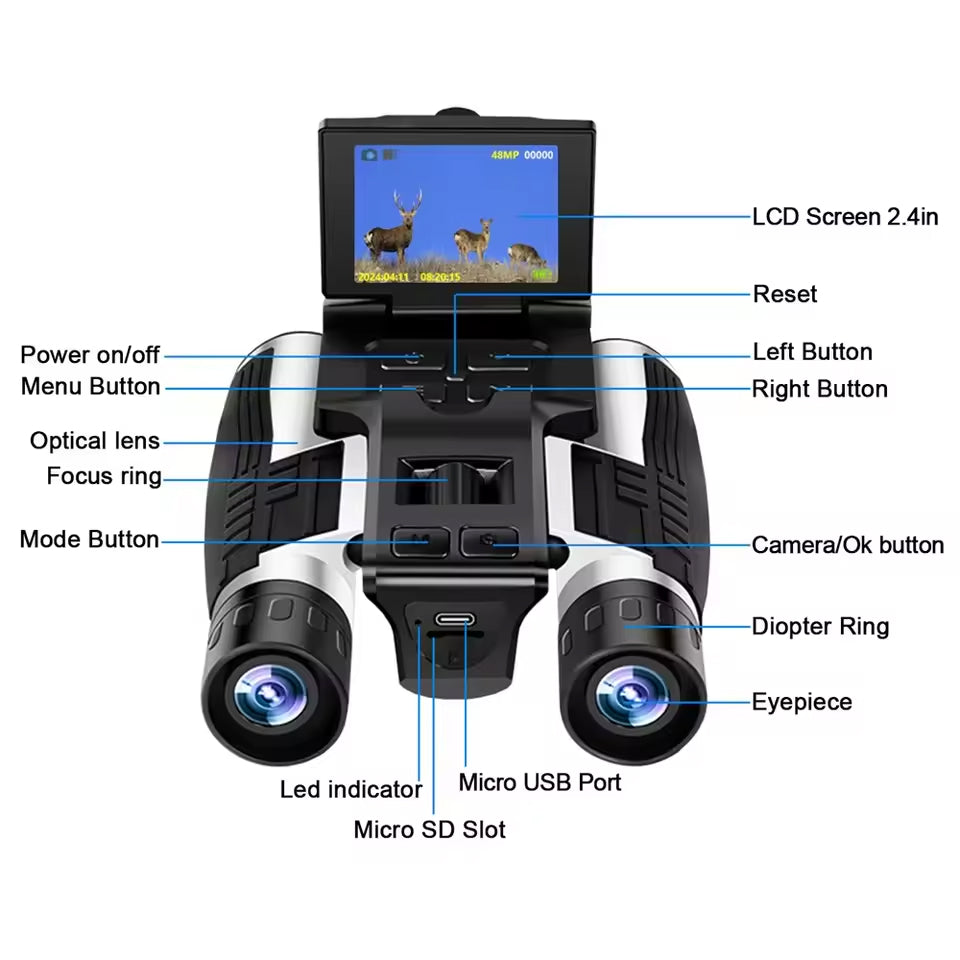 Zoomastor Binocular Camera | 48MP Imaging | 2.5K Video | 12X Optical Zoom | Night Vision
